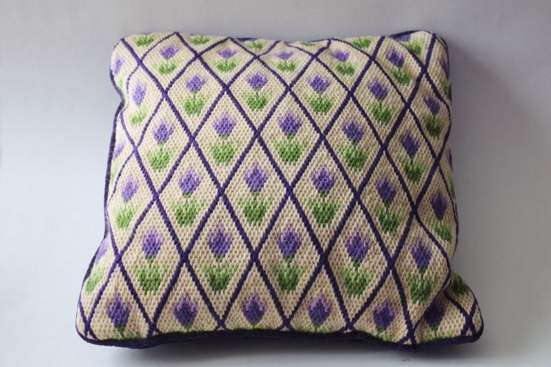 photo of 60s or 70s vintage needlepoint pillow, spring crocus or tulips pattern, lavender floral w/ purple velvet  #1