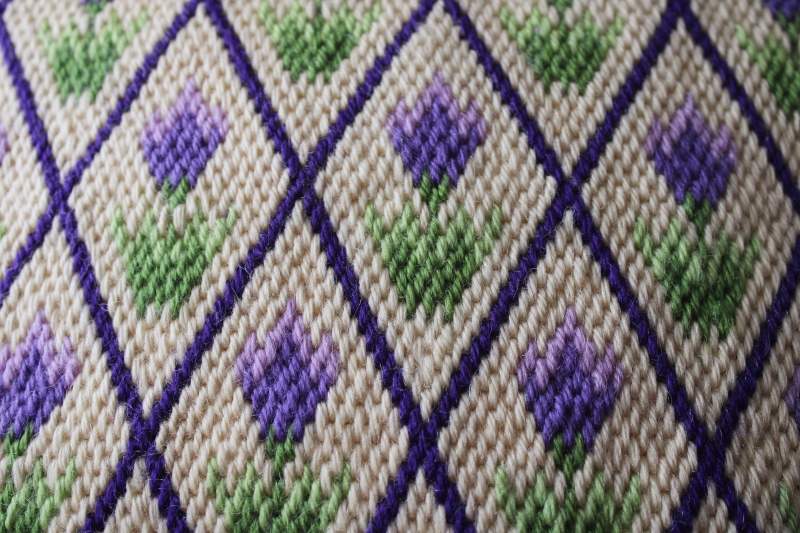 photo of 60s or 70s vintage needlepoint pillow, spring crocus or tulips pattern, lavender floral w/ purple velvet  #2