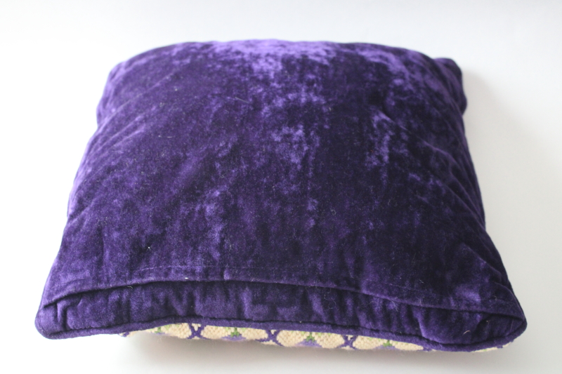 photo of 60s or 70s vintage needlepoint pillow, spring crocus or tulips pattern, lavender floral w/ purple velvet  #3