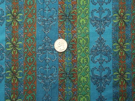 photo of 60s retro cotton print fabric, patterned stripe print in blue & green  #1