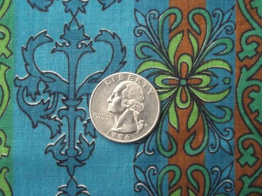 photo of 60s retro cotton print fabric, patterned stripe print in blue & green  #2