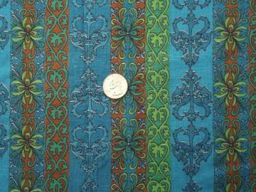 catalog photo of 60s retro cotton print fabric, patterned stripe print in blue & green 