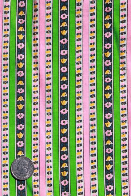 photo of 60s retro kelly green / bright pink flowered stripe cotton or blend, vintage fabric #1