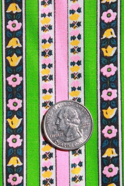 photo of 60s retro kelly green / bright pink flowered stripe cotton or blend, vintage fabric #2