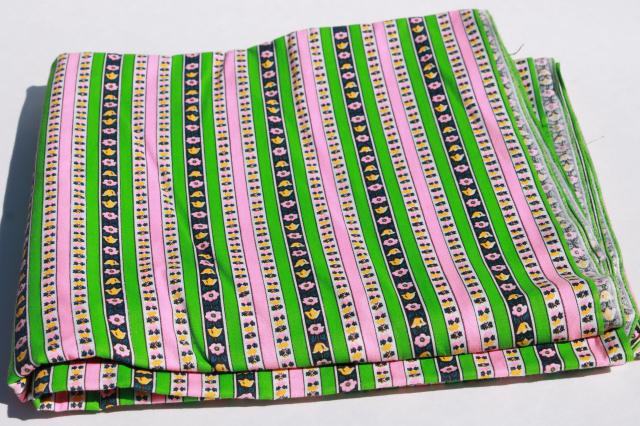 photo of 60s retro kelly green / bright pink flowered stripe cotton or blend, vintage fabric #3