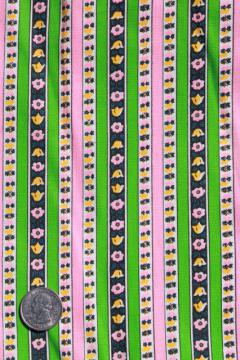 catalog photo of 60s retro kelly green / bright pink flowered stripe cotton or blend, vintage fabric