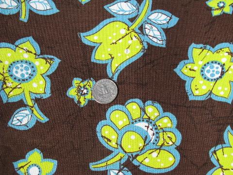 photo of 60s retro print cotton fabric, big lime green & aqua flowers on chocolate brown #1