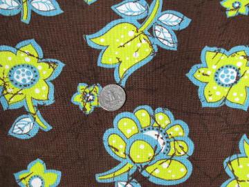 catalog photo of 60s retro print cotton fabric, big lime green & aqua flowers on chocolate brown