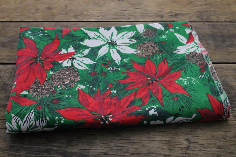 photo of 60s vintage Christmas poinsettia print cotton fabric, large tablecloth #1