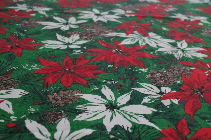 photo of 60s vintage Christmas poinsettia print cotton fabric, large tablecloth #2