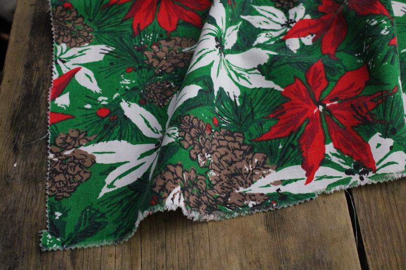 photo of 60s vintage Christmas poinsettia print cotton fabric, large tablecloth #5