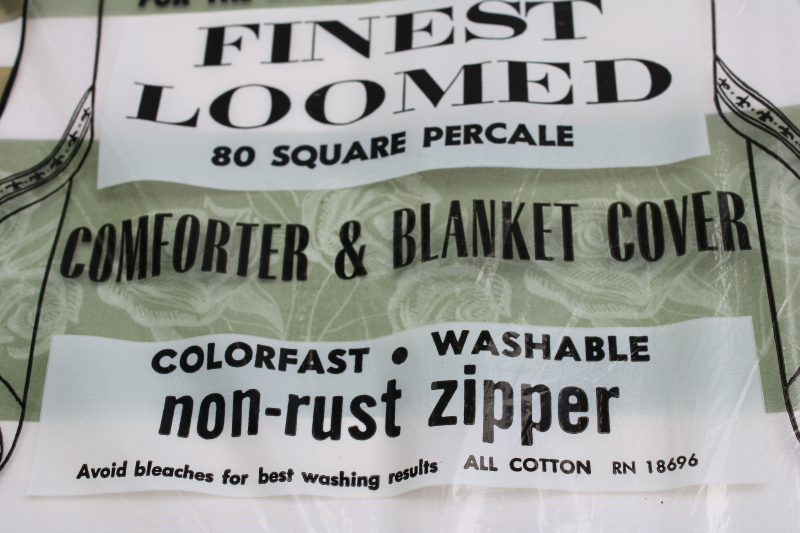 photo of 60s vintage Dolly Madison all cotton comforter or duvet cover, moody green wide stripes on white  #5
