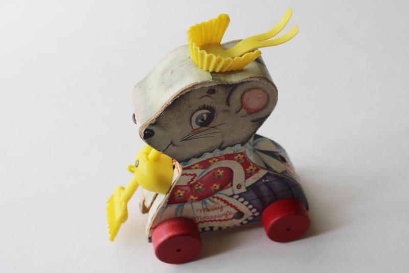 photo of 60s vintage Fisher Price Merry Mousewife, wood pull toy mouse w/ plastic broom #1