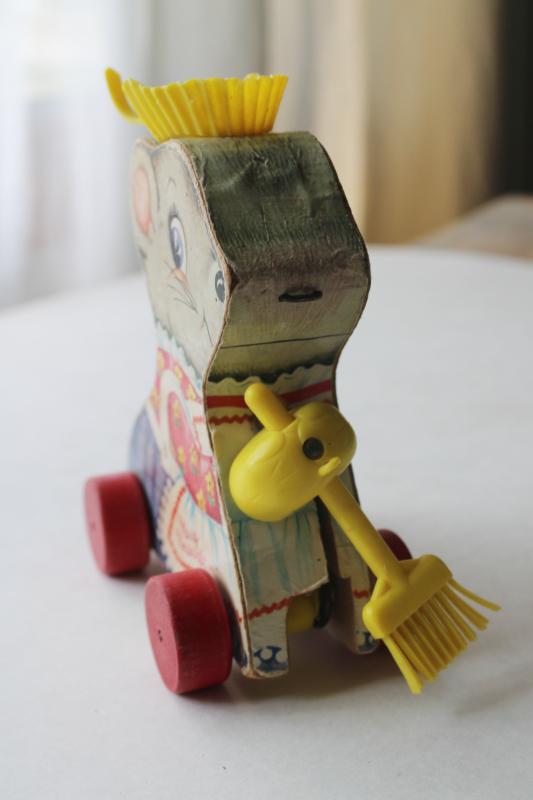 photo of 60s vintage Fisher Price Merry Mousewife, wood pull toy mouse w/ plastic broom #3