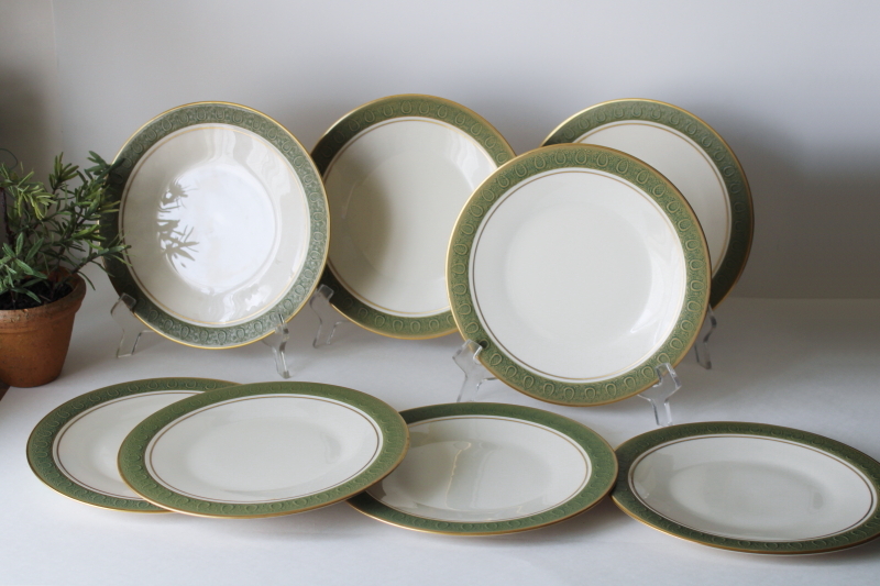 photo of 60s vintage Franciscan Masterpiece China 8 salad plates Antique Green w/ gold on ivory  #5