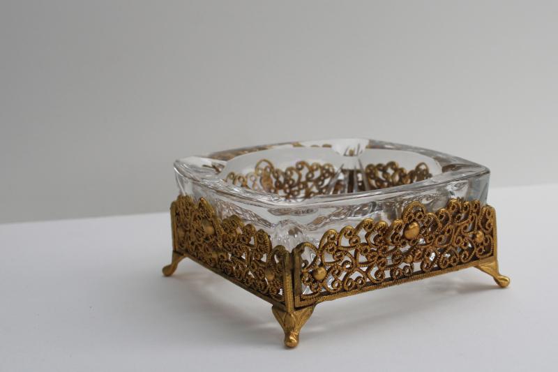 photo of 60s vintage Hollywood regency ashtray, gold metal filigree stand with glass insert #1