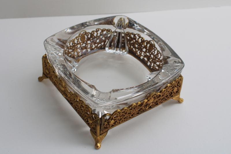 photo of 60s vintage Hollywood regency ashtray, gold metal filigree stand with glass insert #2