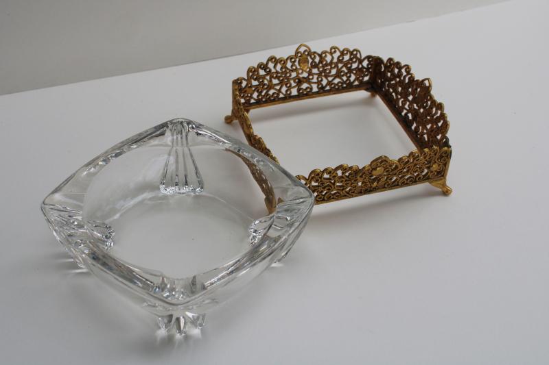 photo of 60s vintage Hollywood regency ashtray, gold metal filigree stand with glass insert #4