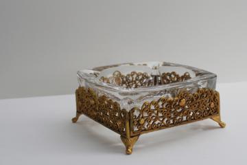 60s vintage Hollywood regency ashtray, gold metal filigree stand with glass insert