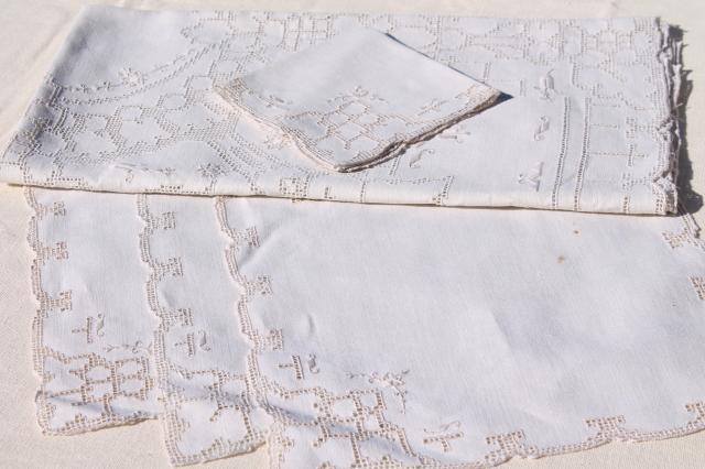 photo of 60s vintage Madeira or Italian hand embroidered hemstitched linen tablecloth & napkins #4