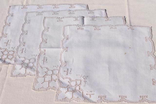 photo of 60s vintage Madeira or Italian hand embroidered hemstitched linen tablecloth & napkins #5