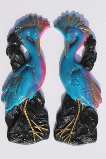 photo of 60s vintage Miller Studios chalkware wall plaques, pair of birds w/ vibrant plumage #1