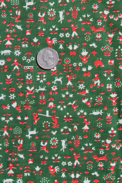 photo of 60s vintage Scandinavian style folk print cotton fabric, people & animals in pine green & red #1