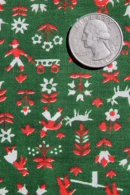 photo of 60s vintage Scandinavian style folk print cotton fabric, people & animals in pine green & red #2