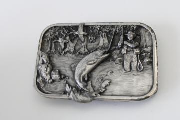 catalog photo of 60s vintage Siskiyou pewter belt buckle, cast metal fly fishing fisherman 