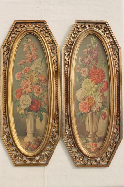 photo of 60s vintage Syroco florentine gold frames w/ floral art prints, Italian villa wall plaques #1