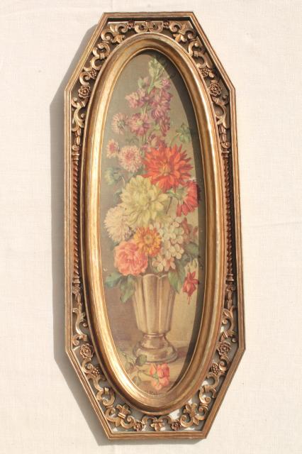 photo of 60s vintage Syroco florentine gold frames w/ floral art prints, Italian villa wall plaques #2