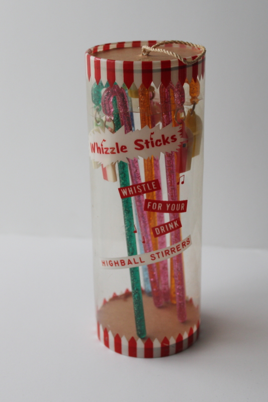 photo of 60s vintage Whizzle swizzle sticks w/ tiny whistles glitter plastic bar drink stirrers #1