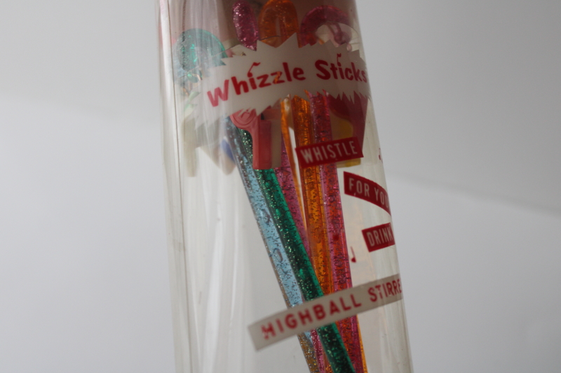 photo of 60s vintage Whizzle swizzle sticks w/ tiny whistles glitter plastic bar drink stirrers #4