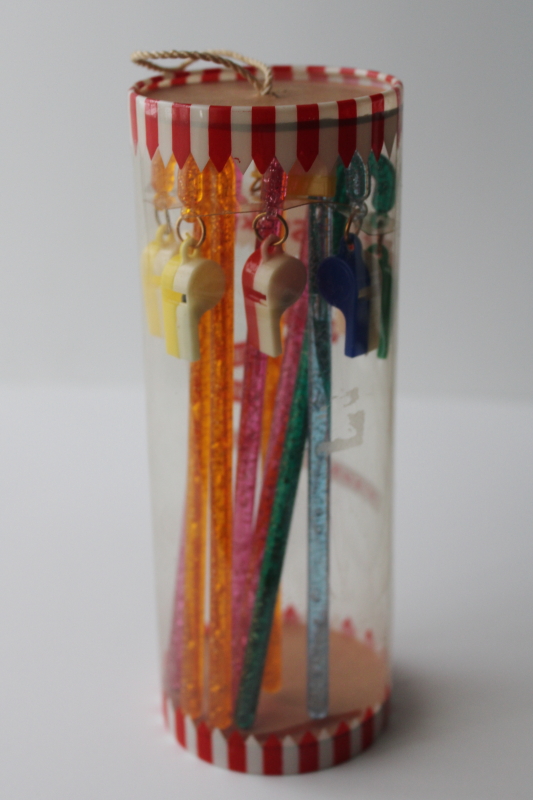 photo of 60s vintage Whizzle swizzle sticks w/ tiny whistles glitter plastic bar drink stirrers #5