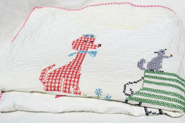 photo of 60s vintage baby quilt, hand stitched cross stitch embroidery, retro dogs & cats in hats #1