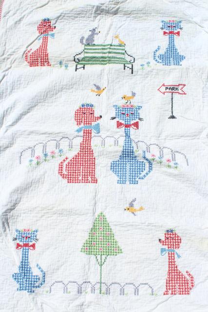 photo of 60s vintage baby quilt, hand stitched cross stitch embroidery, retro dogs & cats in hats #6