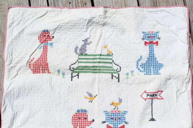 photo of 60s vintage baby quilt, hand stitched cross stitch embroidery, retro dogs & cats in hats #8