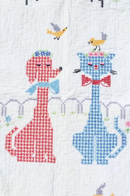 photo of 60s vintage baby quilt, hand stitched cross stitch embroidery, retro dogs & cats in hats #9