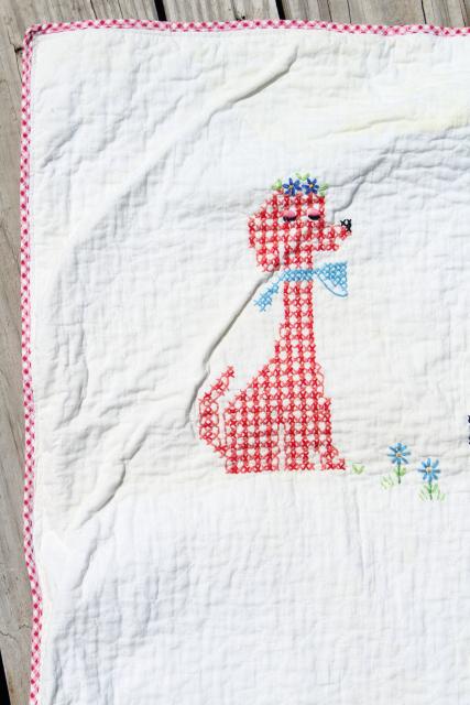 photo of 60s vintage baby quilt, hand stitched cross stitch embroidery, retro dogs & cats in hats #12