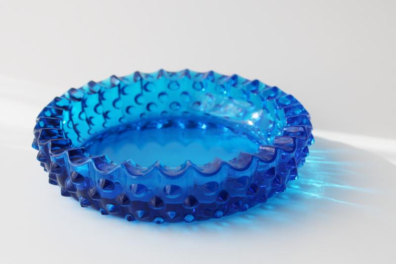 photo of 60s vintage big glass ashtray, Fenton hobnail pattern, colonial blue glass #1