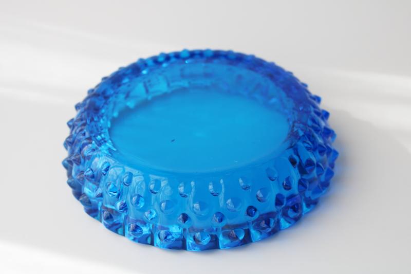 photo of 60s vintage big glass ashtray, Fenton hobnail pattern, colonial blue glass #4