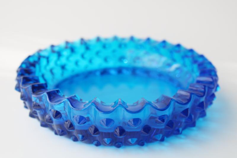 photo of 60s vintage big glass ashtray, Fenton hobnail pattern, colonial blue glass #5