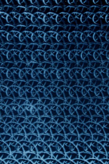 photo of 60s vintage blue crushed velvet upholstery fabric, mod squiggle figured plush #1