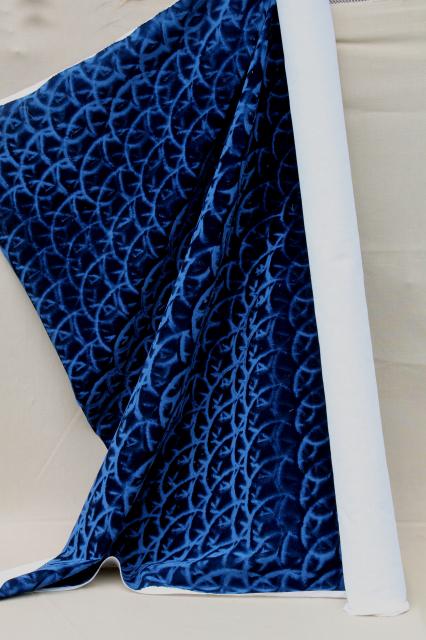 photo of 60s vintage blue crushed velvet upholstery fabric, mod squiggle figured plush #3