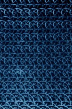 catalog photo of 60s vintage blue crushed velvet upholstery fabric, mod squiggle figured plush