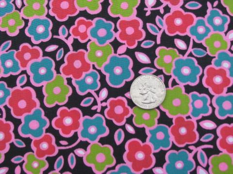 photo of 60s vintage bright flowers print on black, light cotton poplin fabric #1