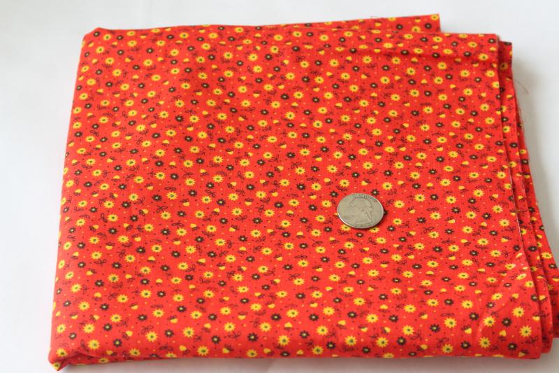 photo of 60s vintage calico print cotton fabric, warm red, golden yellow, black #1