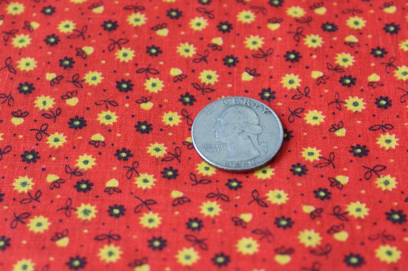 photo of 60s vintage calico print cotton fabric, warm red, golden yellow, black #2