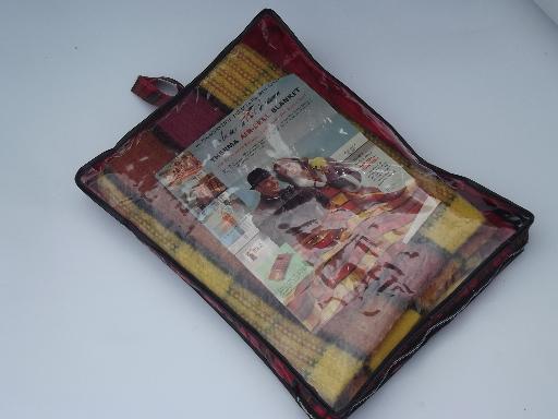 photo of 60s vintage camping / stadium blanket, tartan plaid storage bag and label #4