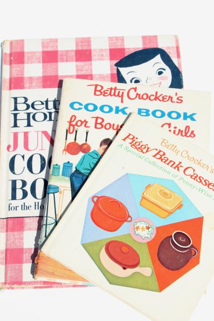 photo of 60s vintage children's cook books, kids cooking Betty Crocker, BH+G Junior Cookbook #1